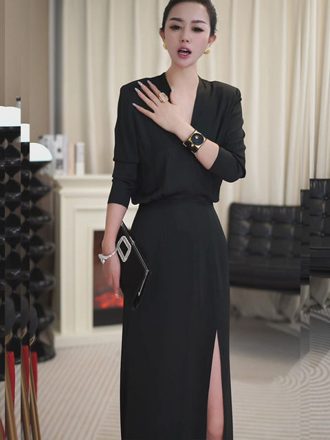 Mijie 2025 New French-Style Black Elegant and Slimming Dress for Women, Suitable for Daily Wear and Commuting, with a Waist-Cinching and Slim-Fit Long Dress
