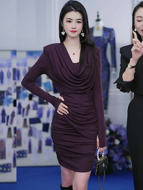 Mijie 2025 Autumn New Style Elegant and Age-Reducing Slim-Fit Purple Dress for Women, Fashionable and Slimming with Ruched Bodycon Design