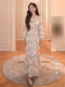 Mijie 2025 Winter French Elegant V-Neck Sequin Dress for Women, White Slimming High-End Waist-Cinching Long Dress