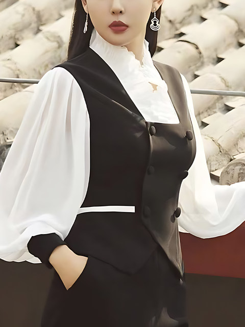 Mijie 2025 autumn new style black fake two-piece stand-up collar vest shirt female temperament high-end slim top