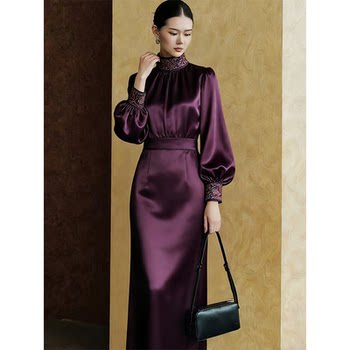 Mijie French-Style Light Luxury Satin Dress for Women, Autumn and Winter Long-Sleeve Stand Collar, High-End Slim Fit, Mid-Length Dress, Elegant