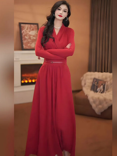 Mijie French-Style Elegant Red V-Neck Long-Sleeve Dress for Women, Waist-Cinching, Slimming, Mature Style A-Line Retro Long Dress