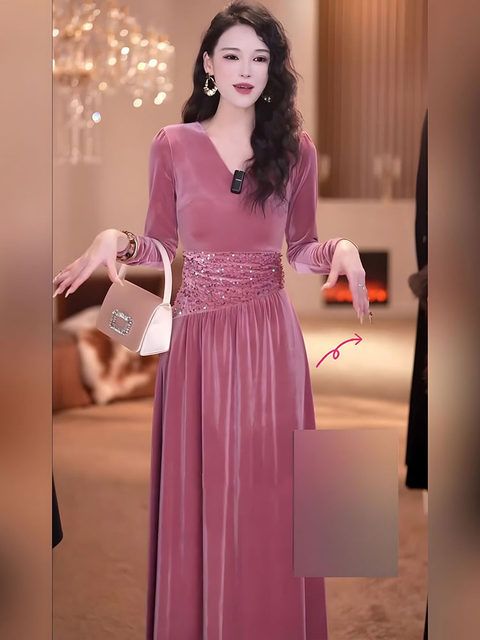 Mijinge Mature Style V-Neck Velvet Dress for Women, Waist-Cinching, Slimming, Stylish A-Line Dress, Fitted Long Dress, Elegant Women's Clothing