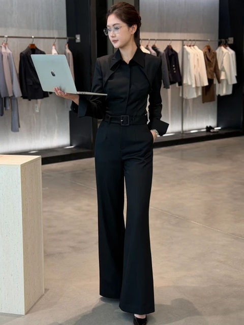 Minimalist Style Black Suit Lapel Shirt for Women, New Autumn and Winter Model, Slimming, Waist-Cinching, Elegant, High-End, Suitable for Work