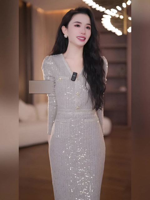 Mijie 2025 Autumn New Fashionable Apricot V-Neck Slim Waist Dress Women's Elegant High-End Slimming Mid-Length Dress