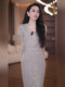 Mijie 2025 Autumn New Fashionable Apricot V-Neck Slim Waist Dress Women's Elegant High-End Slimming Mid-Length Dress