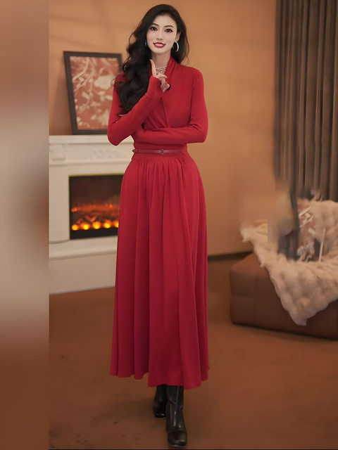 Mijie ladylike style V-neck red dress women's long-sleeved waist slimming slim high-end new long dress with a sense of atmosphere