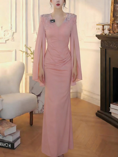 Mijie 2026 Spring Light Luxury Elegant Style V-Neck Sequin Dress for Women, Waist-Cinching Slimming Cape Sleeve Long Dress