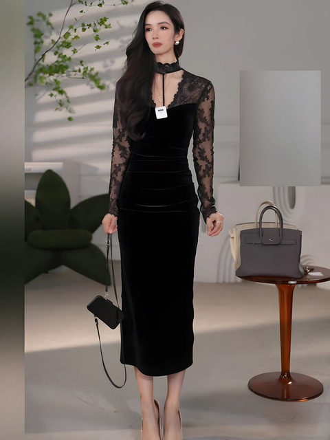 Mijie French-Style Halter V-Neck Lace Patchwork Velvet Dress for Women, Waist-Cinching, Slimming, Slit, Bodycon Long Dress, Sexy