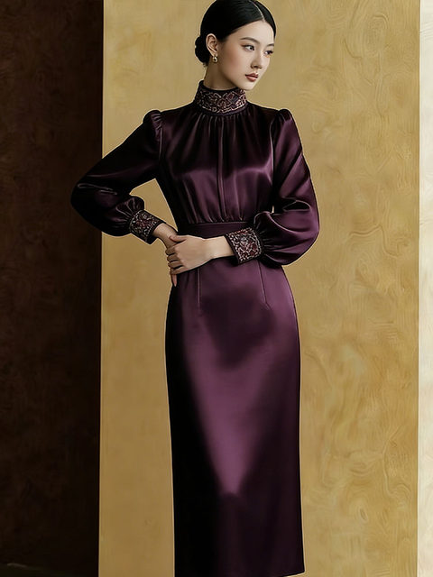 Mijie French light luxury satin dress women's autumn and winter long-sleeved stand-up collar high-end slim slim mid-length skirt elegant