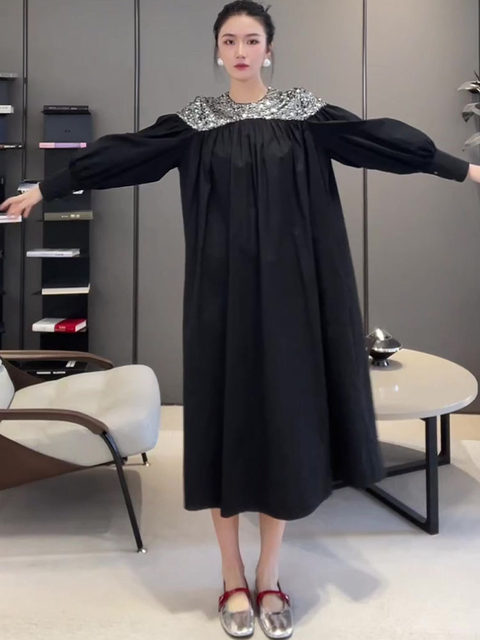 Mijie 2025 New Black Elegant and Slimming Dress for Women, Suitable for Daily Wear and Commuting, Loose and Versatile Long Dress