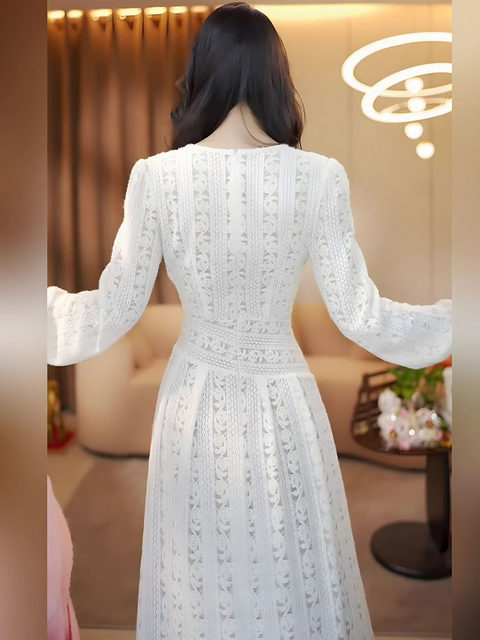 Mijiefa Autumn and Winter New Style Romantic White Lace Dress Women's Long-Sleeved Elegant Temperament Slimming Long Dress