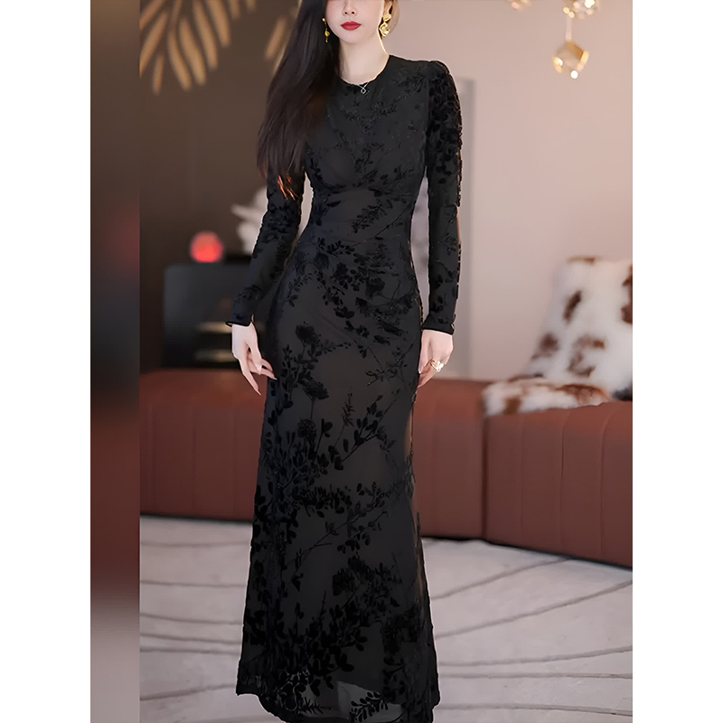 Mijie | Thickened Thin Fleece | Velvet Jacquard Dress, New Winter Style, Black Slim Fit, Hip-Hugging Long Skirt Mijie | Thickened Thin Fleece | Velvet Jacquard Dress, New Winter Style, Black Slim Fit, Hip-Hugging Long Skirt