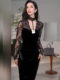 Mijie French-Style Halter V-Neck Lace Patchwork Velvet Dress for Women, Waist-Cinching, Slimming, Slit, Bodycon Long Dress, Sexy