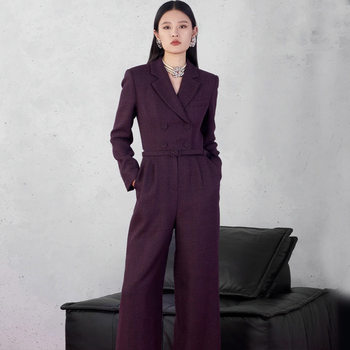 Mijie Old Money Style Dark Purple Suit Collar Jumpsuit for Women, Waist-Cinching Double-Breasted Professional Commuting High-End Jumpsuit
