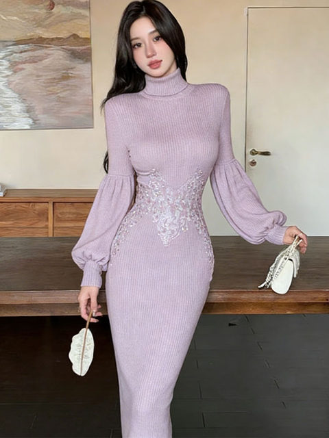 Mijie Autumn and Winter New Chinese Style Taro Purple Bat Sleeve Knitted Dress Women's Slim Fit Hot Diamond Embroidered Long Skirt High-end