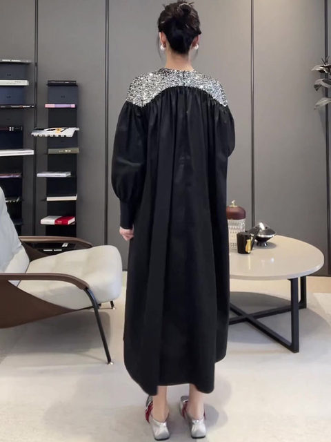 Mijie 2025 New Black Elegant and Slimming Dress for Women, Suitable for Daily Wear and Commuting, Loose and Versatile Long Dress