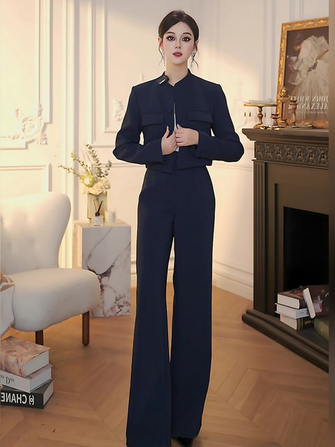 Mijie 2025 Autumn New Fashionable Age-Reducing Navy Blue Suit, Stylish and Slimming Top and Long Pants Two-Piece Set