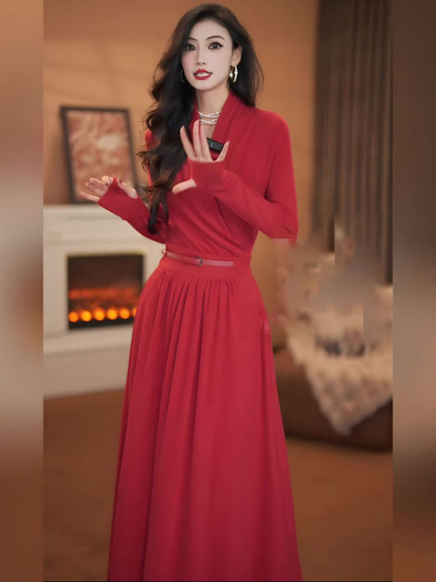 Mijie ladylike style V-neck red dress women's long-sleeved waist slimming slim high-end new long dress with a sense of atmosphere