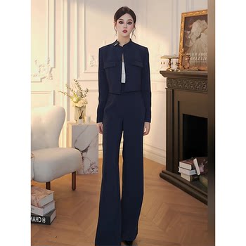 Mijie 2025 Autumn New Fashionable Age-Reducing Navy Blue Suit, Stylish and Slimming Top and Long Pants Two-Piece Set