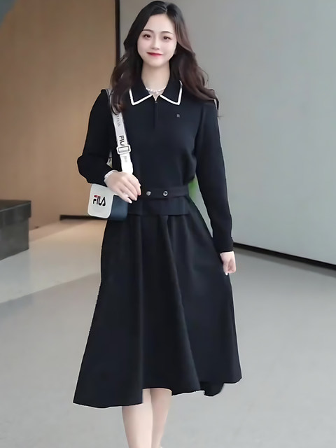 Mijie 2026 Spring French-Style Black Dress with Lapel Collar, Waist-Cinching, Slimming Mid-Length Dress with an Elegant and Mature Look