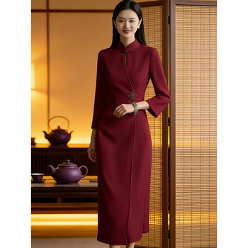 Mijie 2025 Winter New Chinese-Style Stand-Collar Dress for Women, Burgundy, Waist-Cinching, Slimming, Elegant Mid-Length Dress