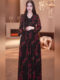 Yijie Retro Black Velvet Rose Print Dress for Women, Mid-Length High-End Lace Waist-Cinching Slimming Little Black Dress