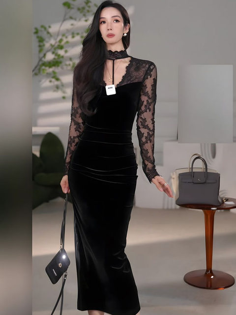 Mijie French-Style Halter V-Neck Lace Patchwork Velvet Dress for Women, Waist-Cinching, Slimming, Slit, Bodycon Long Dress, Sexy