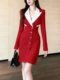 Elegant French-Style Red Blazer Dress for Women, with a Fitted Waist and Buttoned Design, Offering a High-End Feel and a Mid-Length Cut
