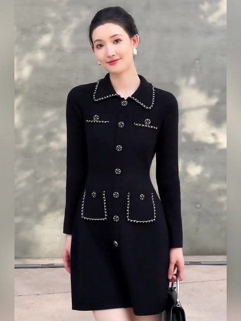 Mijie 2025 Autumn New Stylish Black Chanel-Style Knitted Dress for Women, Elegant and Slimming Mid-Length Dress