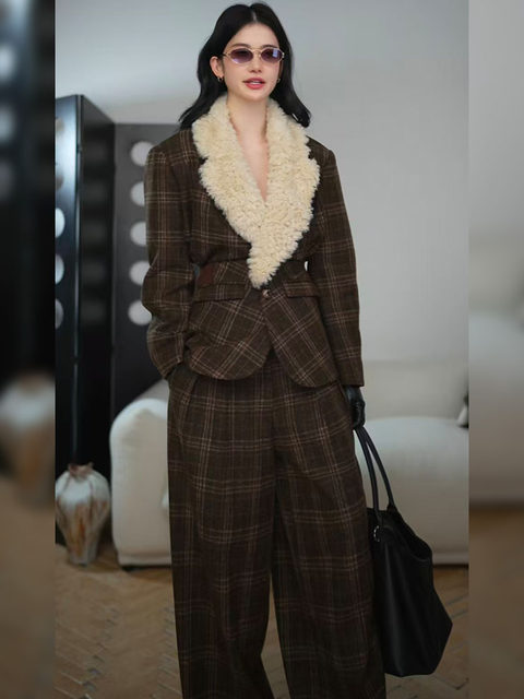 Mijie New Old Money Style Patterned Wool Collar Suit Women's Autumn and Winter Waist Deconstructed Woolen Jacket Wide Leg Pants