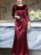 Mijie's gentle, high-end temperament round neck burgundy satin dress women's waist long skirt slim and elegant dress