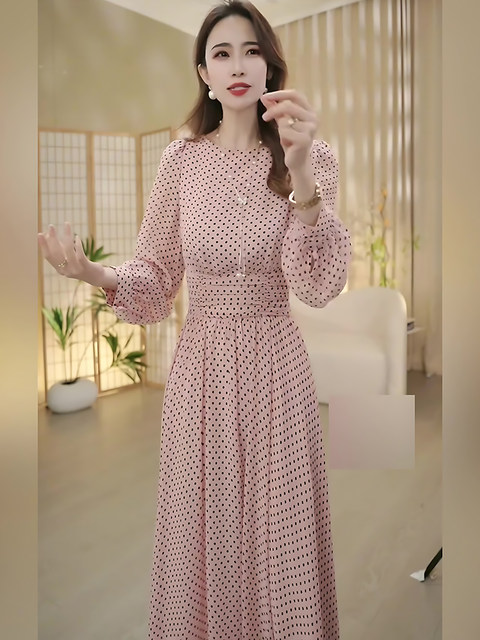 Mijie 2026 Spring Ladylike Style Pink Polka Dot Dress Women's Long Sleeve Waist-Cinching Slimming Elegant Mid-Length Dress
