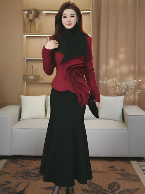 Mijie 2025 new autumn and winter women's clothing fashionable and elegant red rose top fishtail skirt waist slimming suit
