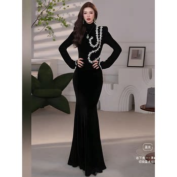 Mijie's New Autumn and Winter Fashion Ladylike Black Diamond Chain Bodycon Dress for Women, Long-Sleeved High-Neck Waist-Cinching Fishtail Long Dress