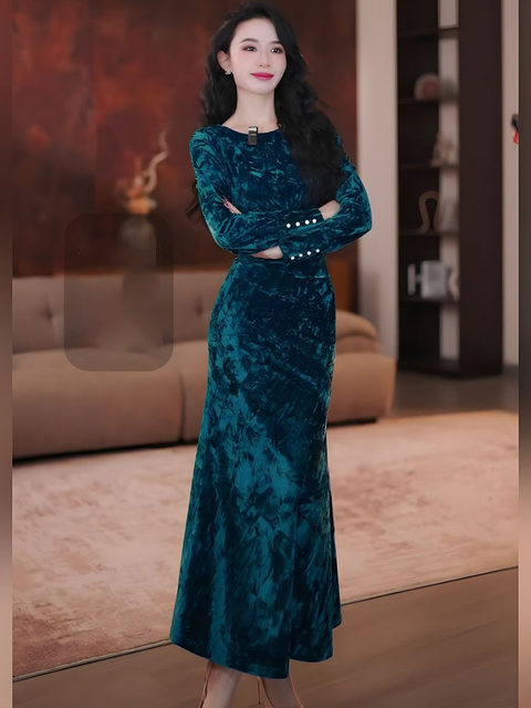 Mijie autumn and winter lady style velvet dress women's long-sleeved slimming high-end fishtail skirt temperament long skirt