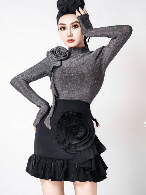 Mijie 2025 new light luxury three-dimensional flower decorated slim sweater for women gray long-sleeved design bottoming top