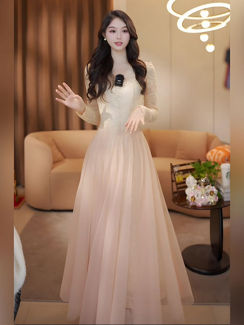 Mijie 2025 autumn new orange pink lace gauze skirt waist suit skirt feminine high-end slim dress