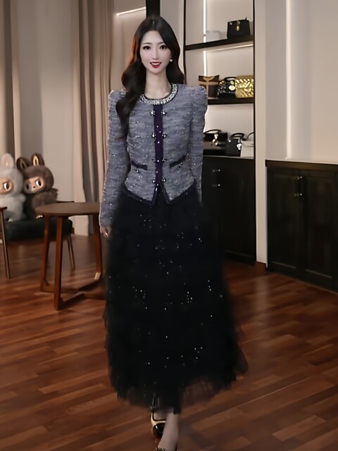 Mijie 2025 Chanel-Style Mesh Dress for Women with Sequins, Faux Two-Piece, Slimming Layered Dress, High-End Elegant Long Dress