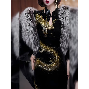 Mijie 2025 New Chinese-Style Improved Cheongsam with a Goddess-Like Temperament, Light Luxury and High-End Feel, Black Hand-Painted Dress