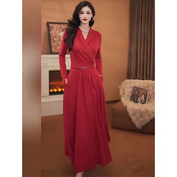Mijie French-Style Elegant Red V-Neck Long-Sleeve Dress for Women, Waist-Cinching, Slimming, Mature Style A-Line Retro Long Dress