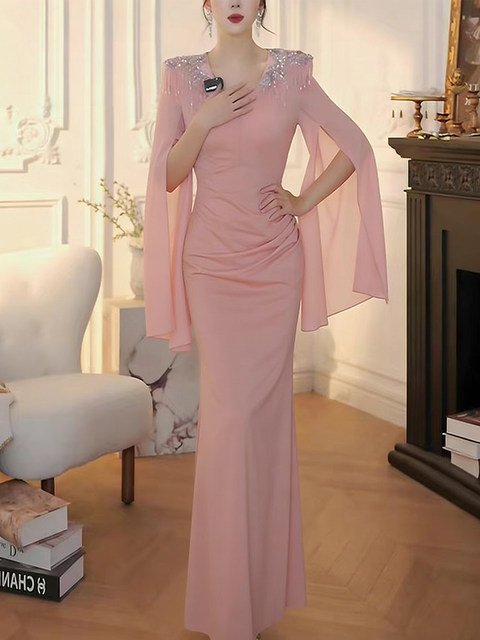 Mijie 2026 Spring Light Luxury Elegant Style V-Neck Sequin Dress for Women, Waist-Cinching Slimming Cape Sleeve Long Dress