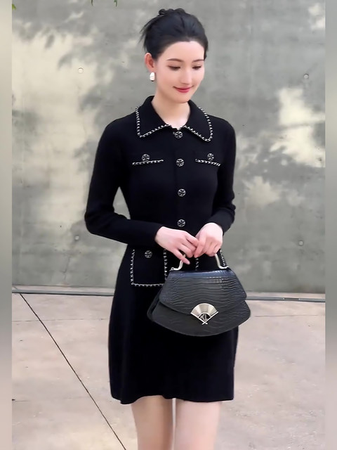 Mijie 2025 Autumn New Stylish Black Chanel-Style Knitted Dress for Women, Elegant and Slimming Mid-Length Dress