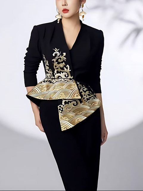 Mijie 2025 new autumn style black V-neck jacquard beautiful design elegant temperament high-end slimming top