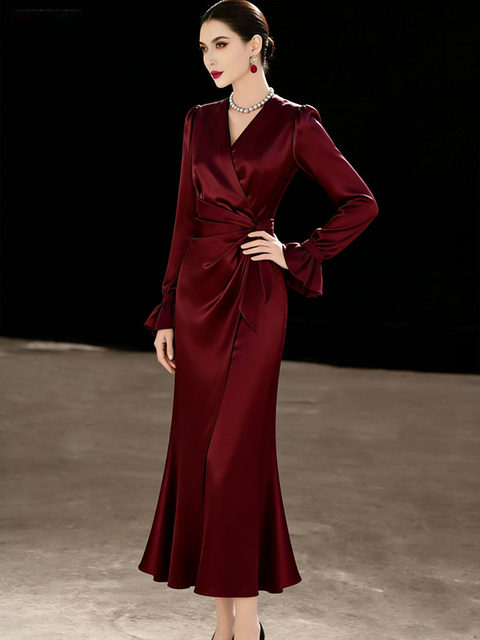 Mijie light luxury and elegant style V-neck long-sleeved dress for women burgundy waist slim-fitting slit fishtail skirt temperament