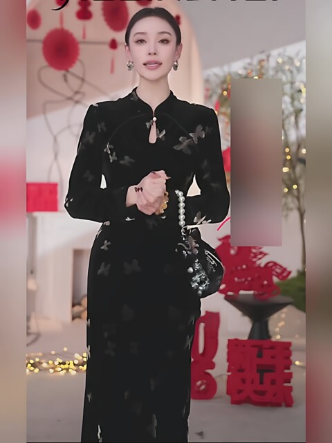 Mijie 2026 Spring New Chinese Style Black Dress for Women, Long Sleeve Stand Collar, Buttoned Velvet Printed Qipao Dress, Elegant