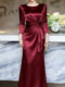 Mijie's gentle, high-end temperament round neck burgundy satin dress women's waist long skirt slim and elegant dress