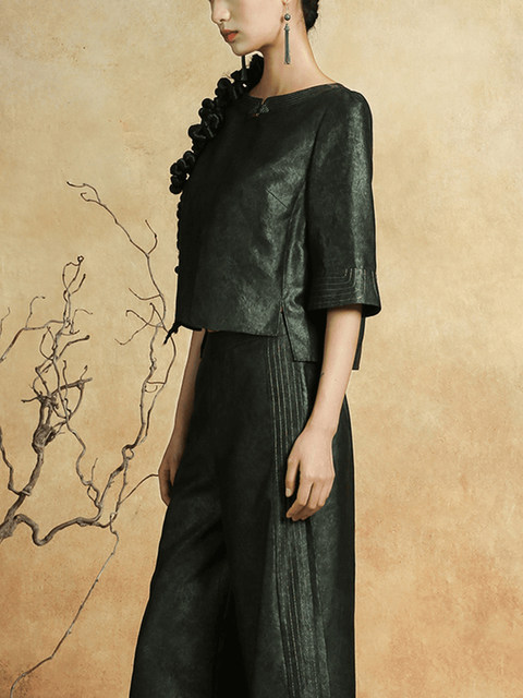 Mijie 2025 Summer New High-End Elegant Fragrant Cloud Silk Turtle Pattern Loose Mid-Sleeve Top and Wide-Leg Pants Two-Piece Set