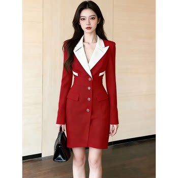 Elegant French-Style Red Blazer Dress for Women, with a Fitted Waist and Buttoned Design, Offering a High-End Feel and a Mid-Length Cut
