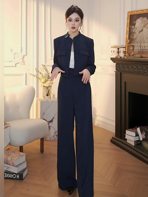 Mijie 2025 Autumn New Fashionable Age-Reducing Navy Blue Suit, Stylish and Slimming Top and Long Pants Two-Piece Set